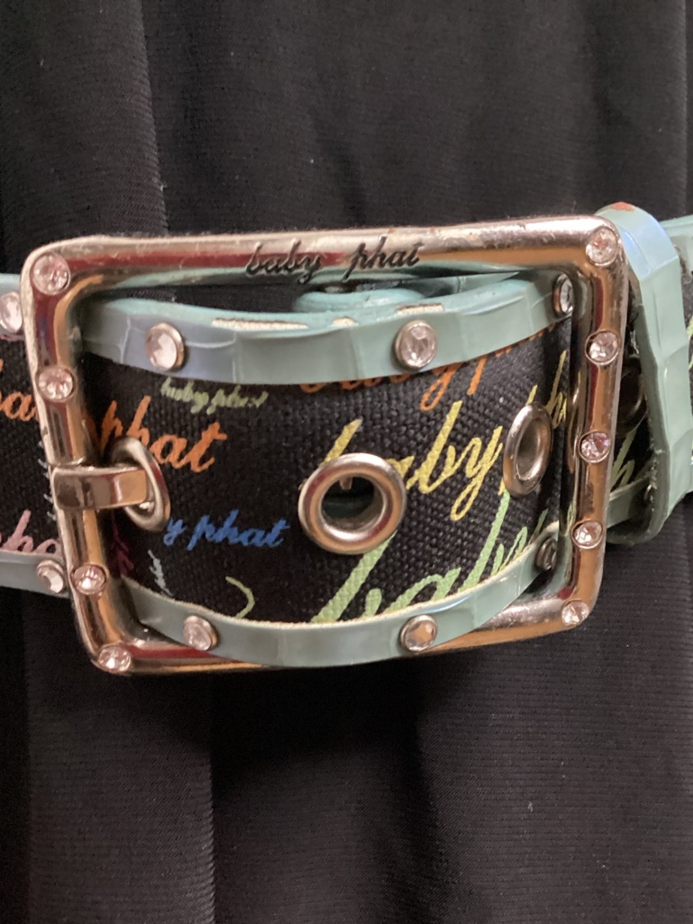 Vtg Baby Phat Black Belt with Mint Trim and Multicolor Script L (35.5-39.5)